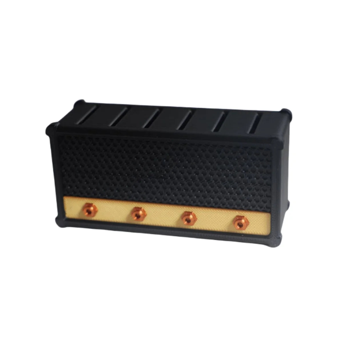 Black guitar pick holder with a speaker-shaped design and brass mounting screws.