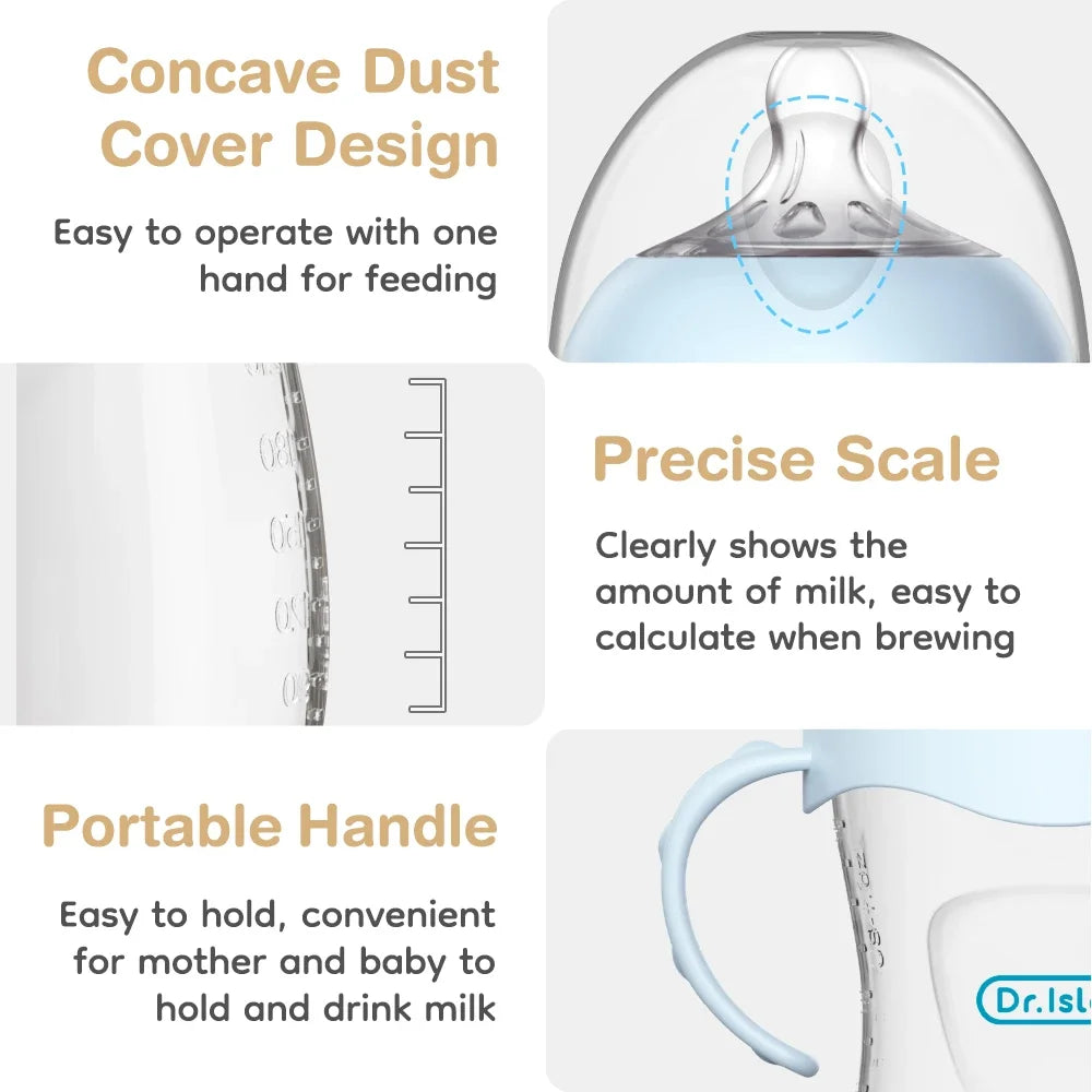A clear baby bottle featuring a concave dust cover design, a precise scale, and a portable handle for feeding.