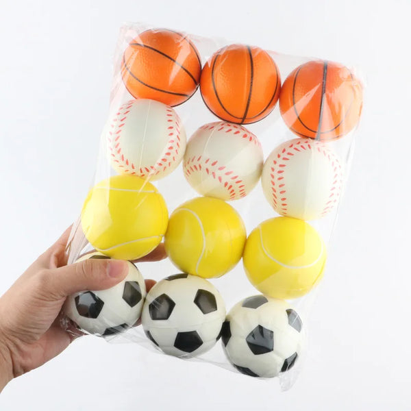 A clear plastic bag contains a pack of sports stress balls in orange, white, and yellow colors.