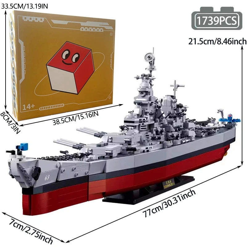 A detailed model kit of the Bismarck Battleship shown in a gray and red color scheme.