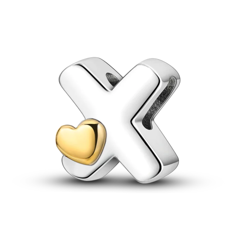 A sterling silver X charm with a heart accent, featuring cubic zirconia stones.