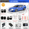 A blue 1/18 scale GTR R34 RC drift car with gyro stabilization and various accessories shown.
