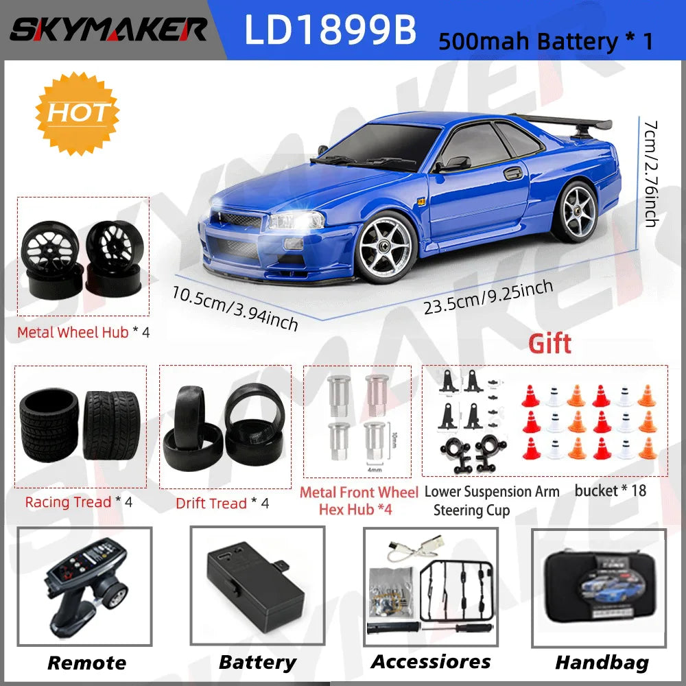 A blue 1/18 scale GTR R34 RC drift car with gyro stabilization and various accessories shown.