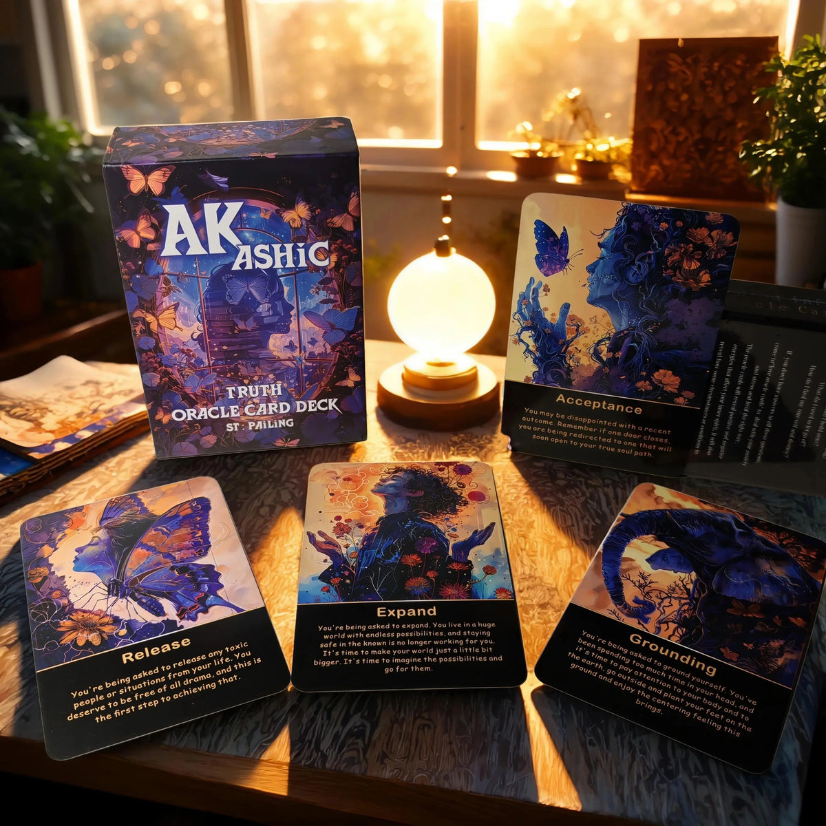 A collection of Akashic Oracle cards and a box displayed on a wooden surface next to a window.