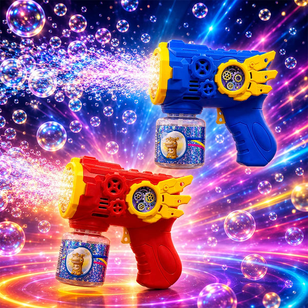 A bright blue and red automatic bubble gun toy is shown firing bubbles against a vibrant, sparkling background.