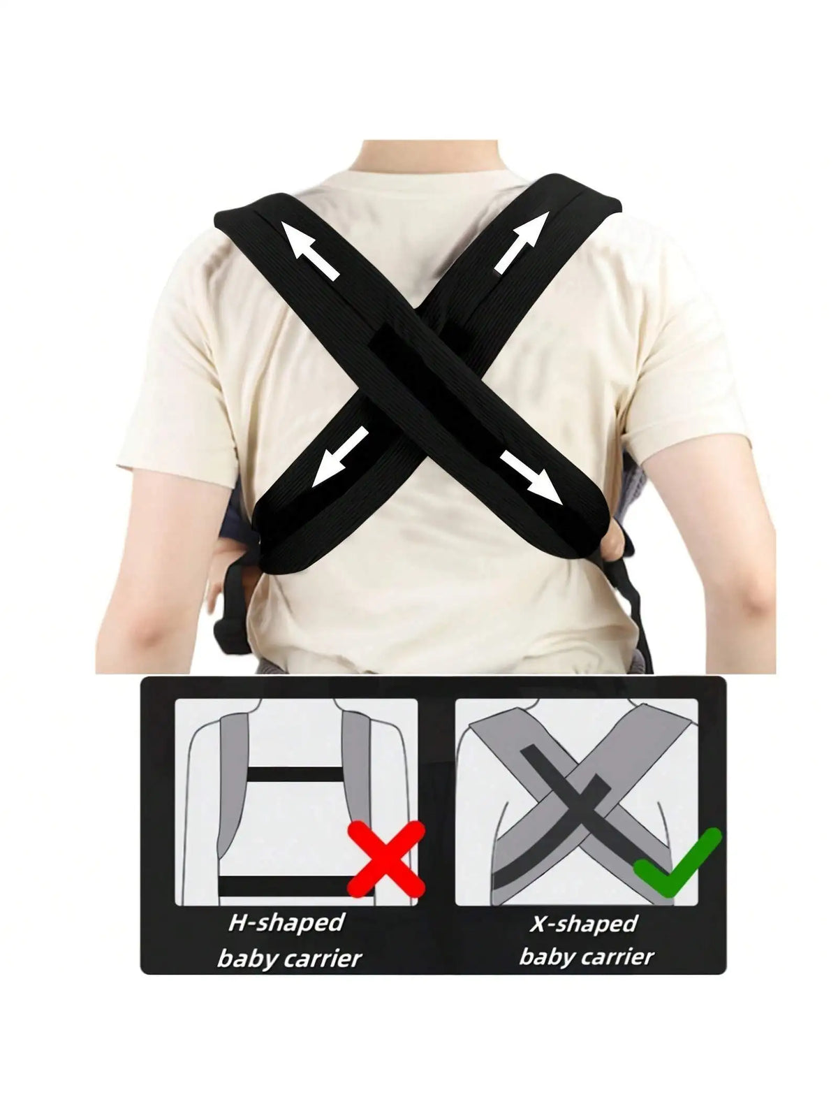 A person wearing a beige shirt demonstrates the use of an H-shaped and X-shaped baby carrier for carrying a baby.