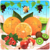 A jigsaw puzzle featuring an illustration of fruits like oranges, apples, and berries.