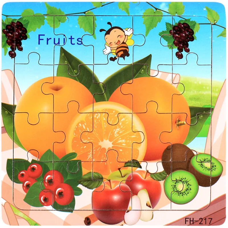A jigsaw puzzle featuring an illustration of fruits like oranges, apples, and berries.