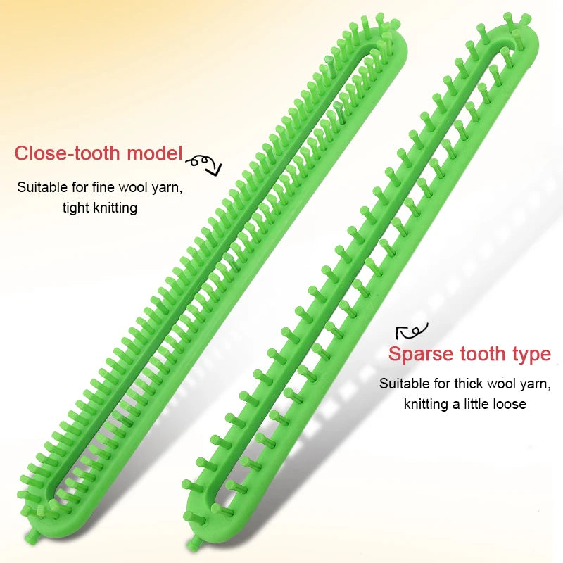 Two green knitting needles or tools shown, demonstrating close-tooth and sparse tooth types for wool yarn.