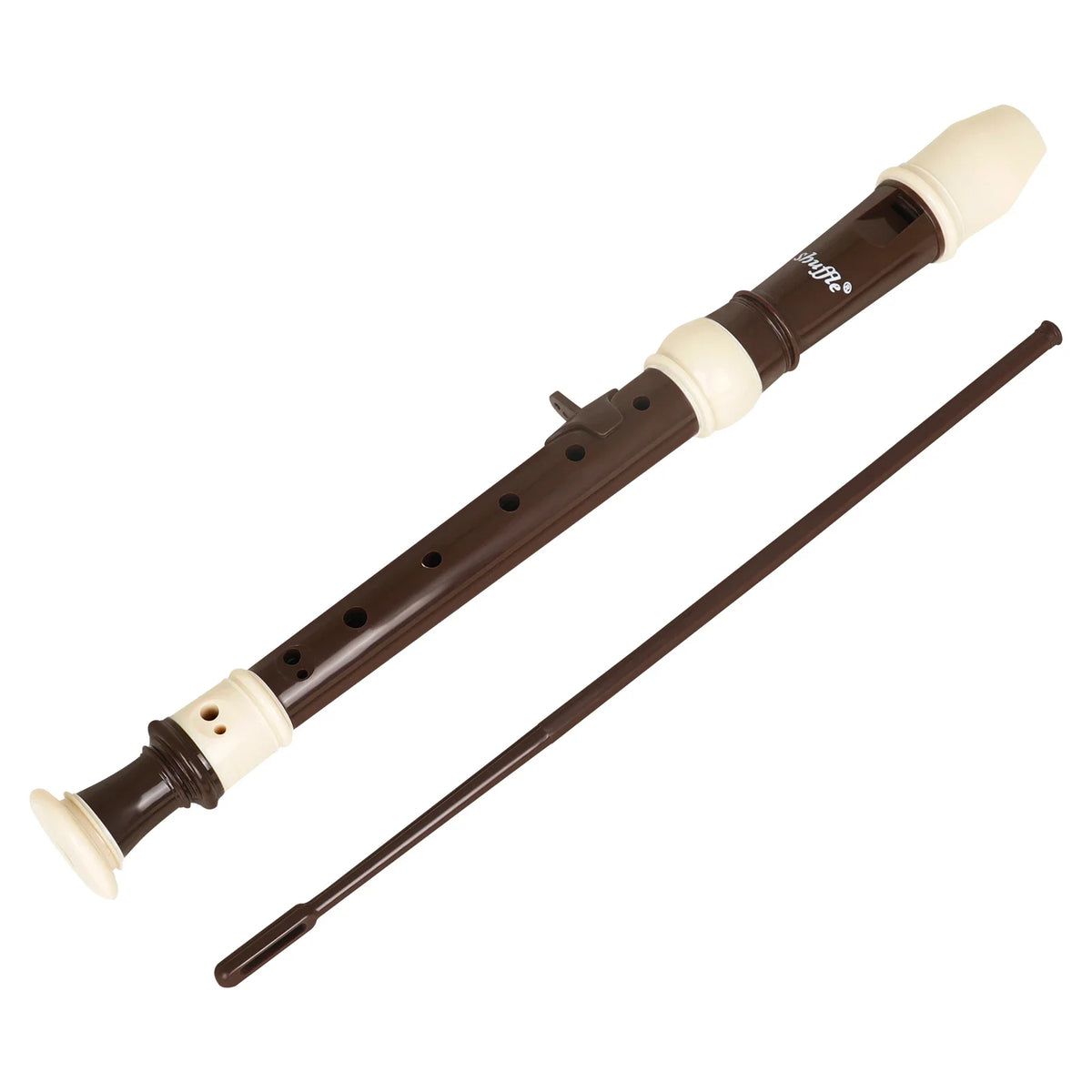 A brown and cream Baroque Clarinet recorder is shown diagonally against a white background.