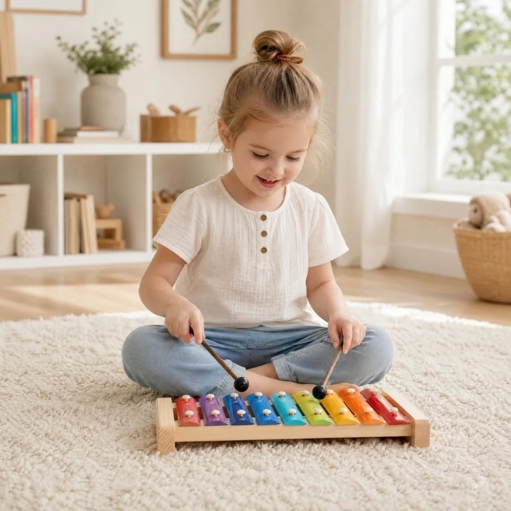 A young girl is playing with a set of wooden handle handpan drum mallets and silicone tips on a light-colored rug.