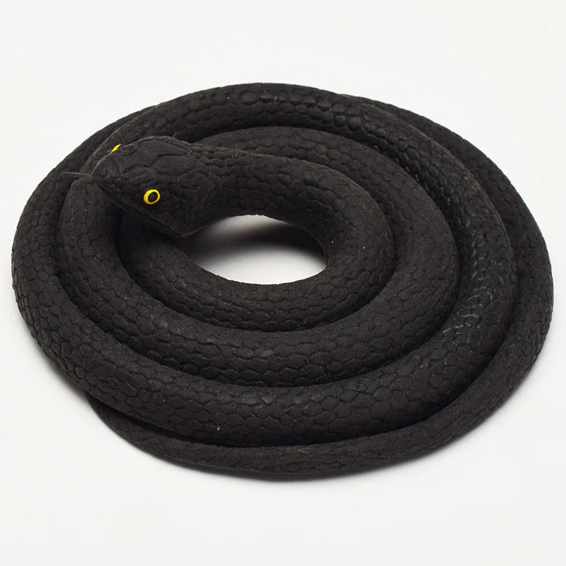 A realistic black rubber snake toy coiled on a white background.