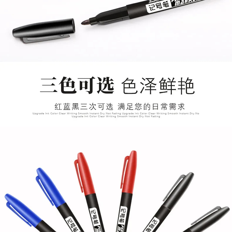 A set of three colored permanent fine-tip markers, including red and blue, shown in a close-up view.