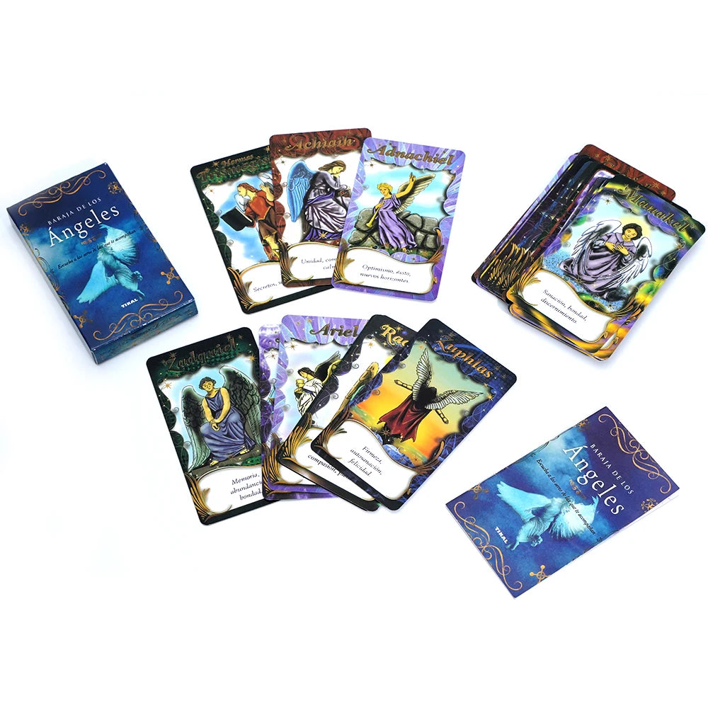 A collection of Spanish Angel Oracle cards featuring religious figures and inspirational messages.