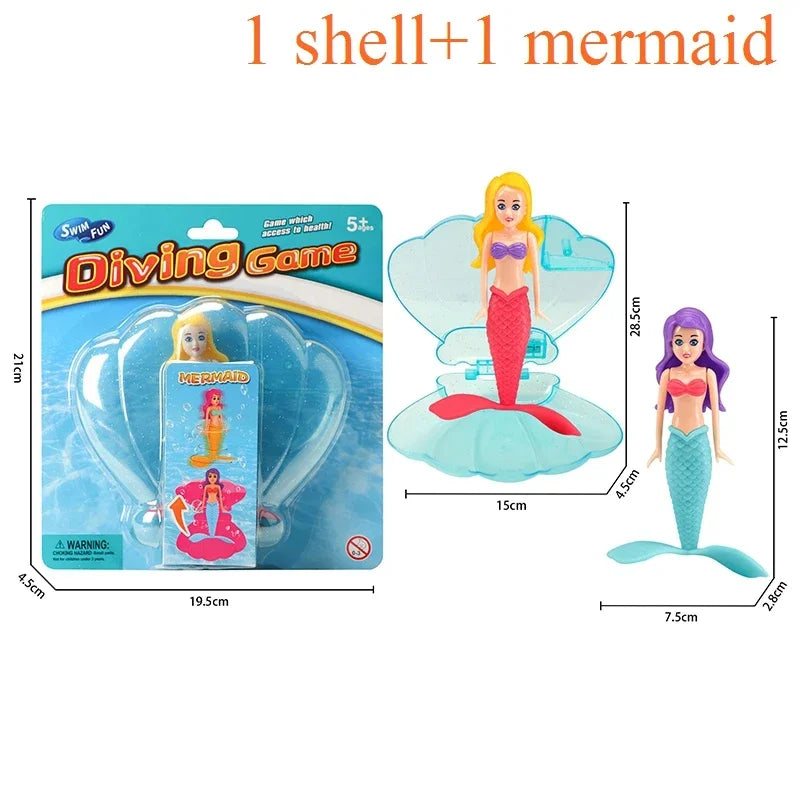 A diving game set featuring a mermaid figure inside an opening shell and a separate mermaid doll.