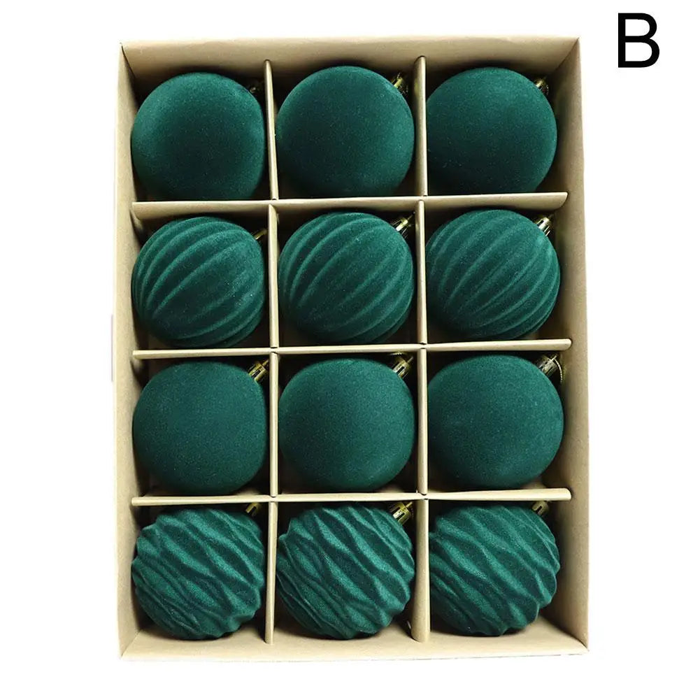 Set of 12 Velvet Flocked Christmas Tree Ornaments in Green
