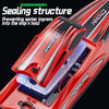Close-up of a red RC racing boat showing the sealing structure designed to prevent water ingress into the ship's hold.