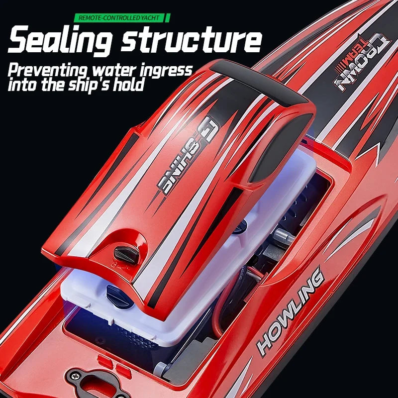 Close-up of a red RC racing boat showing the sealing structure designed to prevent water ingress into the ship's hold.