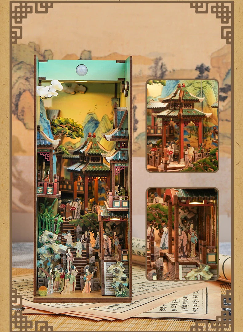 A DIY book nook kit featuring a detailed miniature Japanese-style scene with LED lighting and a protective dust cover.