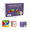A box of Angram Kids Tangram puzzle set with colorful wooden pieces and instructions.