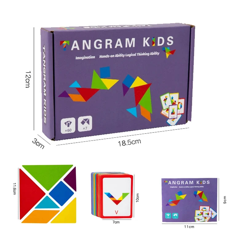 A box of Angram Kids Tangram puzzle set with colorful wooden pieces and instructions.