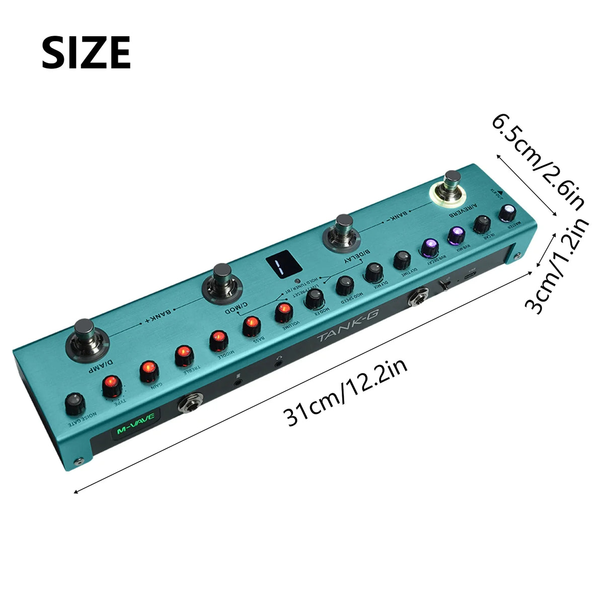 A teal multi-effects pedal labeled Tank-G with various knobs and indicators shown from the side.