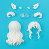 A collection of white hair accessories and small plastic pieces for a 1/12 scale lunar-themed doll blind box.
