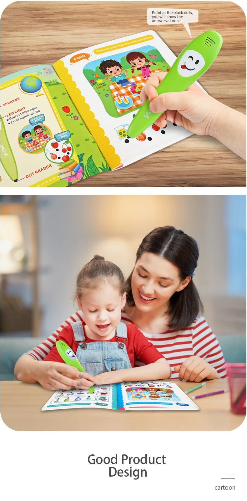 A woman is helping a toddler use an interactive smart reading pen and flashcard learning set for educational purposes.