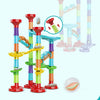 A set of colorful plastic building blocks for a kids DIY marble run featuring various tubes and ramps.