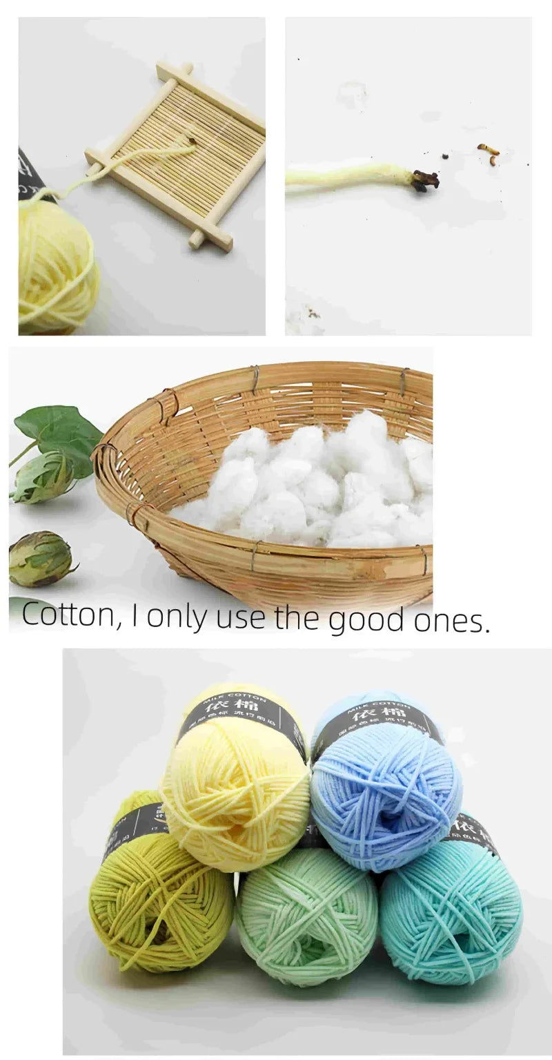 Yellow and blue soft milk cotton yarn balls and a wooden clothespin with yarn.