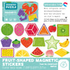 A box of fruit-shaped magnetic stickers and puzzles for kids featuring various shapes like heart, triangle, square, and apple