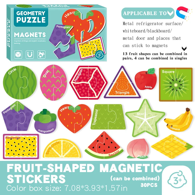 A box of fruit-shaped magnetic stickers and puzzles for kids featuring various shapes like heart, triangle, square, and apple