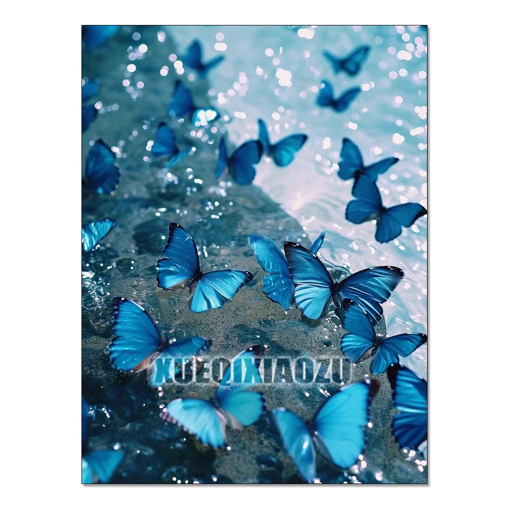 A close-up of blue butterflies swimming in water, suitable for a diamond painting kit.