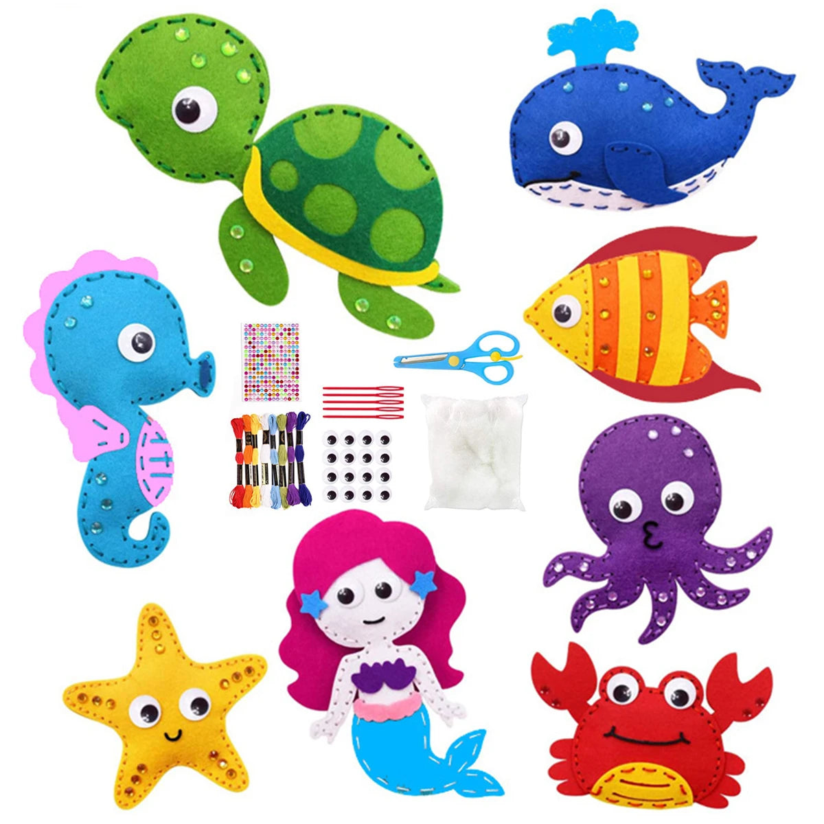 A collection of felt woodland animals including a green turtle, blue duck, orange fish, purple octopus, and red crab.