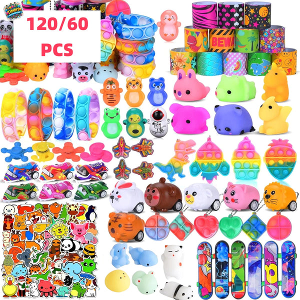 Assortment of colorful party favor toys including slime, squishy figures, and small plastic items for children