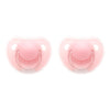 A pair of pink silicone pacifiers with protective covers shown against a white background.