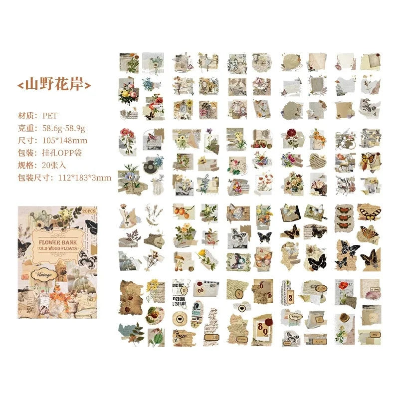 A sheet of vintage PET stickers featuring floral and nature elements for journaling and scrapbooking