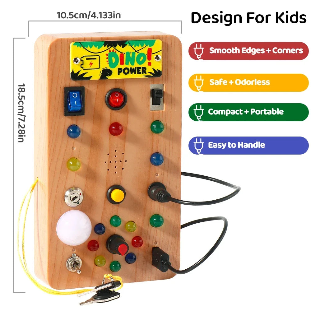 A wooden LED Montessori busy board for kids featuring switch controls and interactive elements.