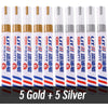 A set of ten permanent paint markers in gold and silver colors arranged in a row.