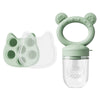 A silicone baby fruit feeder set with freezer molds featuring a green bear-shaped handle and a clear container.