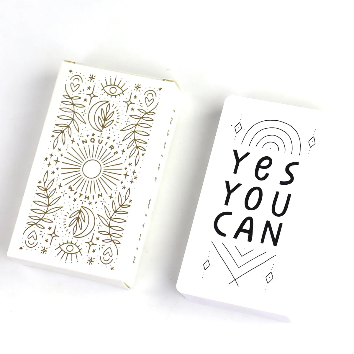 A set of six hand-illustrated oracle cards titled Inquire Within featuring intricate line art designs.