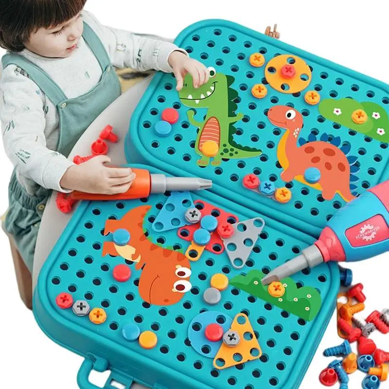 A child is using a dinosaur drill and screw building toy set with an electric drill to construct dinosaurs on a teal tray.