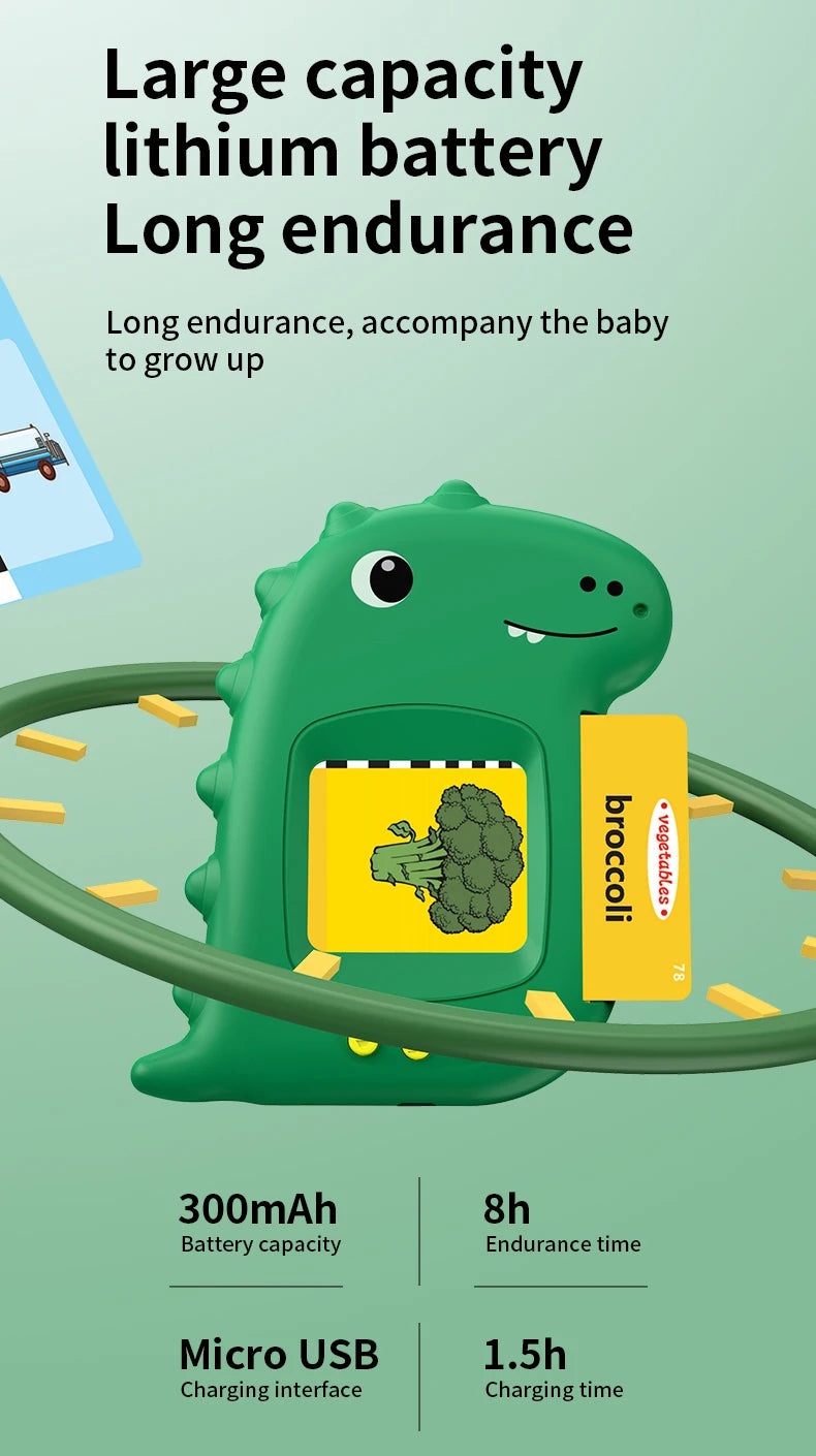 A green dinosaur-shaped battery pack with a broccoli graphic, showing specifications for long endurance and charging time.