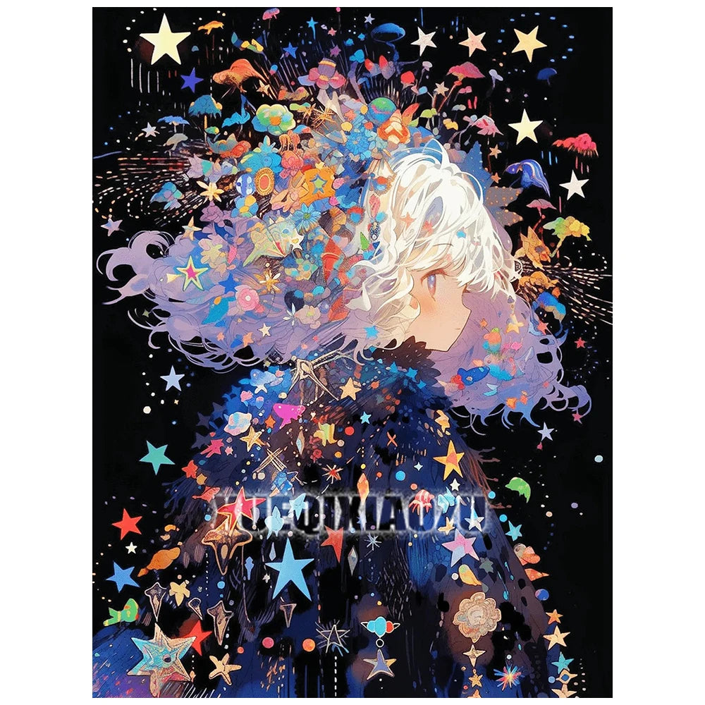 A diamond painting artwork featuring a white-haired figure surrounded by colorful, sparkling elements against a dark backgrou
