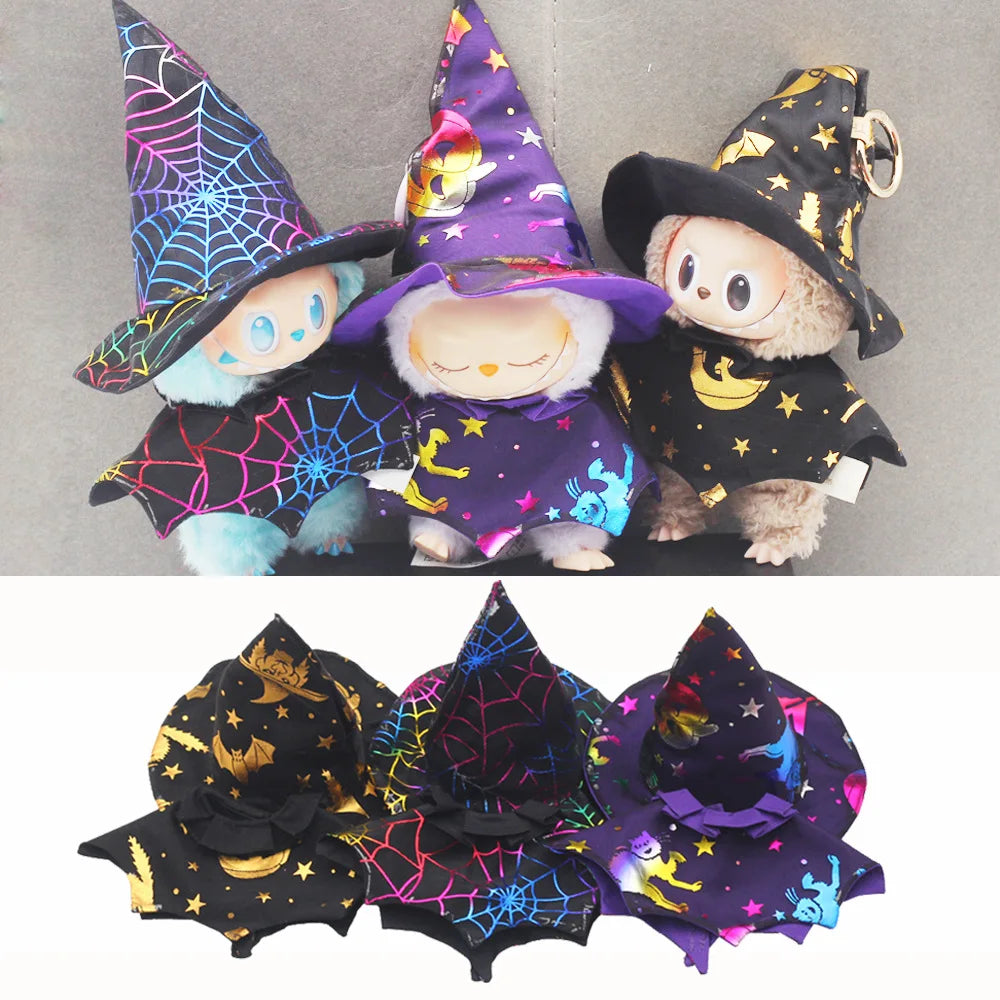 A set of Halloween pumpkin witch hats and costumes for 17cm dolls featuring purple, black, and neon accents.
