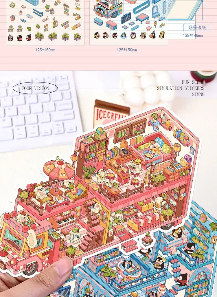 A sticker pack featuring a whimsical cartoon penguin and dog RV scene, depicting an interior view of a brightly colored vehic