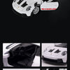 A white Porsche 911 GT3 RS diecast model car is shown from the front and interior view.