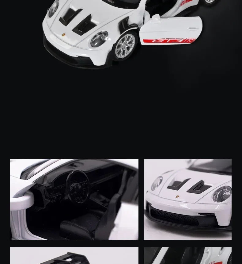 A white Porsche 911 GT3 RS diecast model car is shown from the front and interior view.