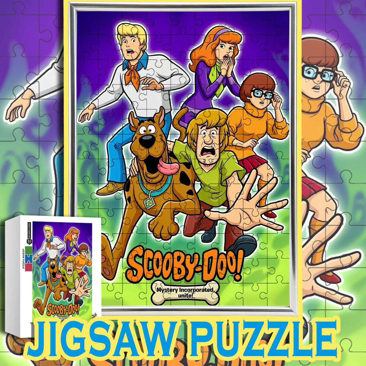 A jigsaw puzzle featuring characters from Scooby-Doo Mystery Inc. including Scooby-Doo and Shaggy.