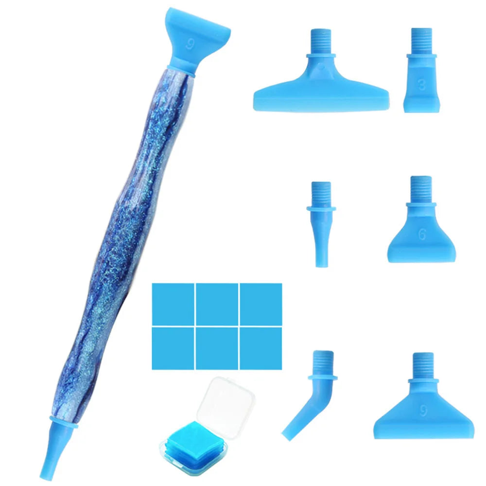 A set of blue resin diamond painting pens with interchangeable metal tips and multi-placers shown in various forms.